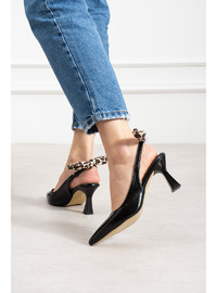Siyah Rugan Kadın Sivri Burun Leopar Fiyonk Detaylı Şık Slingback Topuklu Ayakkabı Mp03