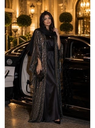 Antrasit Pul Payetli Abaya Tesettür Abiye Ferace Uzun Ceket Kimono Büyük Beden Uyumlu