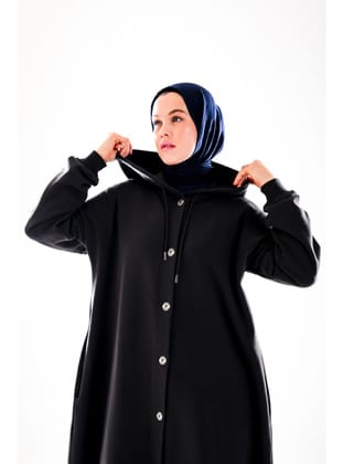 2274_Kadın Antrasit Gri Kapüşonlu Çıtçıtlı 3 İplik Uzun Kap – Oversize Cepli Mevsimlik Tesettür Dış Giyim