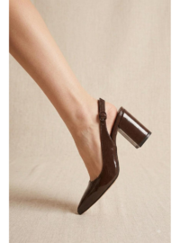 Kadın Kahverengi Rugan Sivri Burun Alçak Kalın Topuklu Arkası Açık Slingback Stiletto Ayakkabı Kahverengi