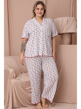Mirano 1850 Çilekli Pointel İnce Kumaş Düğmeli Kısa Kollu Büyük Beden Kadın Pijama Takımı