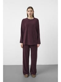Mürdüm Kadın Tencel Karışımlı Yumuşak Dokulu Bisiklet Yaka Basic Bol Paça Alt Üst Takım Mürdüm