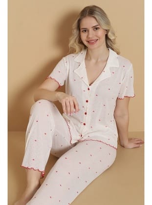 Mirano 1712 Minik Kalp Desenli Pointel İnce Kumaş Düğmeli Kısa Kollu Kadın Pijama Takımı