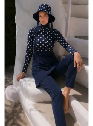 PEARL DOT Önden Yarım Fermuarlı Yanları Stoperli Beyaz Puantiyeli Lacivert Tesettür Mayo 5 li Set