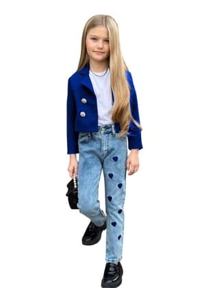 Kız Çocuk Gümüş Düğme Detaylı Lacivert Blazer Ceket Kalp Detaylı Jean Pantolon Alt Üst Takım 2251205017 Lacivert