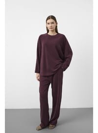 Mürdüm Kadın Tencel Karışımlı Yumuşak Dokulu Bisiklet Yaka Basic Bol Paça Alt Üst Takım Mürdüm