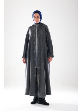 2276_Kadın Antrasit Melanj Kapüşonlu Çıtçıtlı 3 İplik Uzun Kap – Cepli Mevsimlik Tesettür Dış Giyim