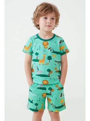 Breeze Erkek Çocuk Şortlu Pijama Takımı Safari Temalı Sevmli Hayvancıklar Desenli 1.5-5 Yaş, Yeşil