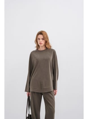 HAKİ Kadın Tencel Karışımlı Yumuşak Dokulu Bisiklet Yaka Basic Bol Paça Alt-Üst Takım Haki