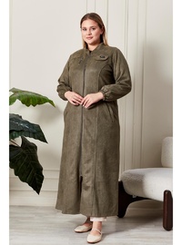 Kadın Süet Kap Pardesü Boydan Fermuarlı Uzun Haki