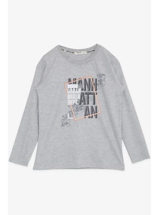 BREEZE GİRLS & BOYS Erkek Çocuk Uzun Kollu Tişört Desenli Yazı Baskılı 6-12 Yaş, Açık Gri Melanj
