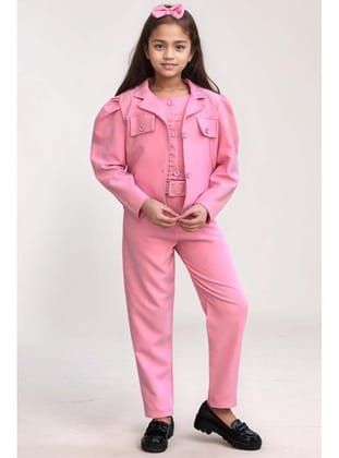 Kız Çocuk Kolsuz Penye Gömlek Cep Detaylı Blazer Ceket Kemerli Pantolon Pembe Alt Üst Takım Pembe