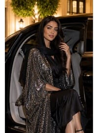 Pul Payetli Antrasit Abaya Tesettür Abiye Ferace Uzun Ceket Kimono Uyumlu