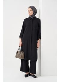 File Cep Detaylı Tam Boy Düğmeli Tunik ve Pantolonlu İkili Takım Siyah