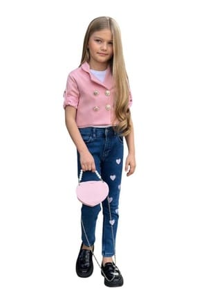 Kız Çocuk Gümüş Düğme Detaylı Pudra Blazer Ceket Kalp Detaylı Jean Pantolon Alt Üst Takım 2251205016 Pudra