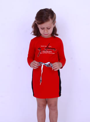 Toontoy Kız Çocuk My Dreams Baskılı Elbise-Kırmızı - Kırmızı - Toontoy