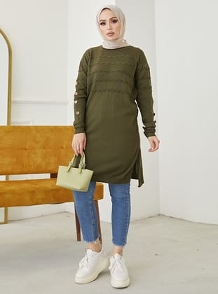 Gofreli Triko Tunik - Haki  - Modaefa