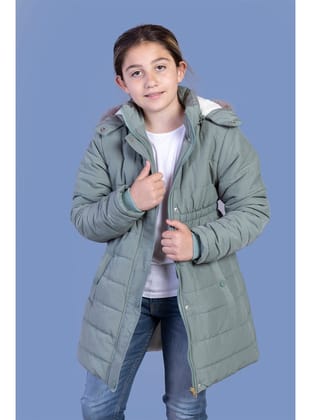 Toontoy Kız Çocuk Beli Lastikli Kapüşonlu İçi Kürklü Kaban-Yeşil