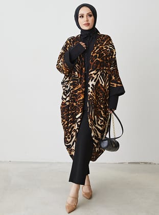 Leopar Desenli Kimono - Kahverengi  - Modaefa