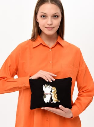 Clutch Cats Size Kanvas Makyaj Çantası - Siyah - Çınar Bez Çanta