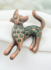 Kedi Figürlü Broş Yeşil Taşlı Bronz