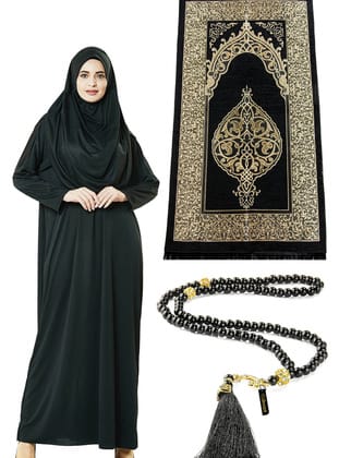 Tek Parça Namaz Elbisesi - Seccade - Tesbih - İbadet Seti - Siyah Siyah