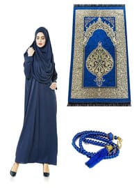 Tek Parça Namaz Elbisesi Seccade Tesbih İbadet Seti Lacivert
