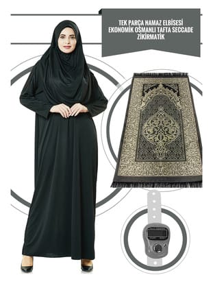 Tek Parça Namaz Elbisesi - Siyah - 5015  ve  Seccade  ve  Zikirmatik - Üçlü Takım Siyah
