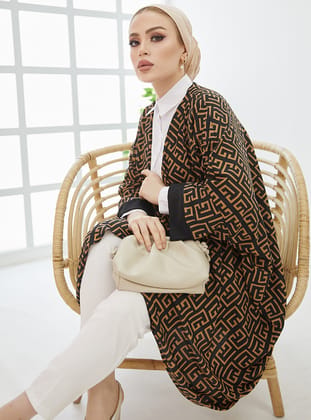 Desenli Salaş Kimono - Kahverengi- Modaefa