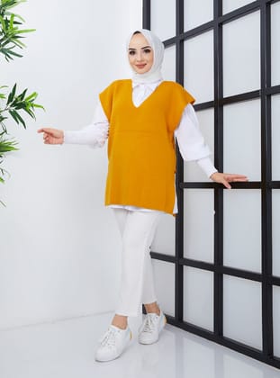 V Yaka Triko Süveter - Hardal - SAHRA BUTİK