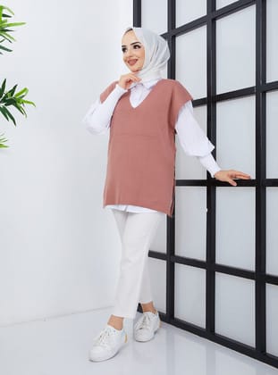 V Yaka Triko Süveter - Gül - SAHRA BUTİK