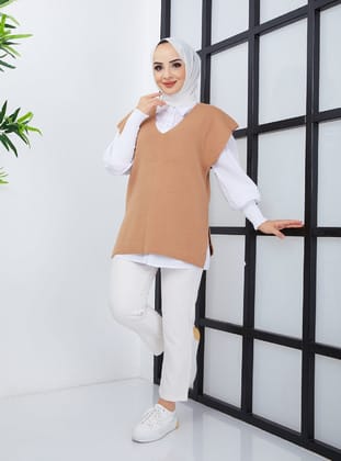 V Yaka Triko Süveter - Bej - SAHRA BUTİK