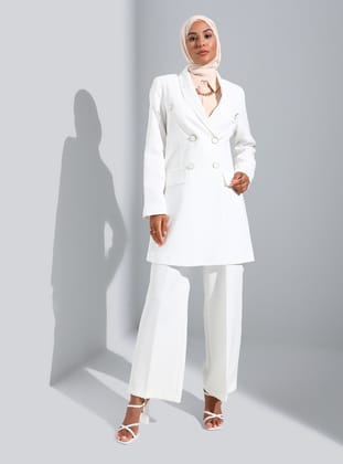 Düğme Detaylı Blazer Ceket - Beyaz - Refka