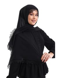 İğne Oyalı Dantelli Eşarp Siyah