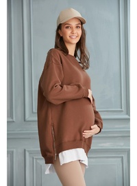 Hamile Üç İplik Penye Sweatshirt Kahve
