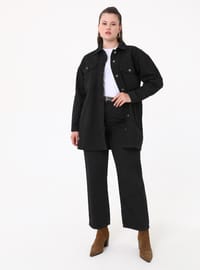 Kontrast Dikiş Detaylı Kapaklı Cepli Büyük Beden Denim Gömlek Ceket Siyah Alia