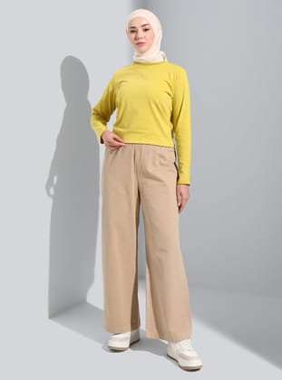 Doğal Kumaşlı Beli Lastikli Gabardin Pantolon - Camel - Benin