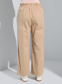 Doğal Kumaşlı Beli Lastikli Gabardin Pantolon Camel