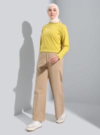 Doğal Kumaşlı Beli Lastikli Gabardin Pantolon Camel