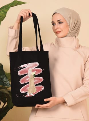 Kanvas Tesettür Pembe Parıltılı Kız Siyah Bez Çanta - Siyah - Çınar Bez Çanta