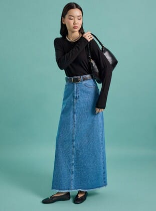 Püskül Detaylı Klasik Denim Etek - Mavi - Benin