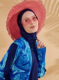 Marina 4'lü Paraşüt Kumaş Lacivert Desenli Tam Kapalı Tesettür Mayo