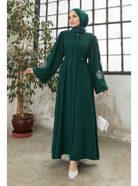 Liva Kolları Taşlı Abaya Zümrüt