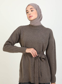 Kuşaklı Triko Tunik - Koyu Vizon