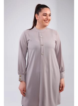 Kadin Buyuk Beden Tesettur Tunik Düğmeli Ayrobin Kumaş Gri