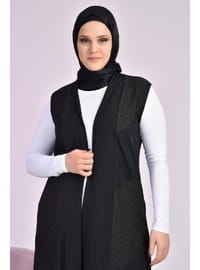 Kadın Büyük Beden Siyah Uzun Deri Yelek Tesettür Asimetrik Kesim Siyah