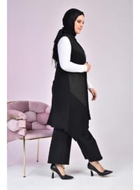 Kadın Büyük Beden Siyah Uzun Deri Yelek Tesettür Asimetrik Kesim Siyah