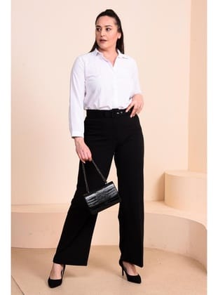 Kadin Buyuk Beden Kumas Pantolon Kemerli ve Geniş Paça Palazzo Model Siyah