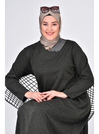 Kadın Büyük Beden Ay Yaka Anne Elbise Uzun Tesettür Haki