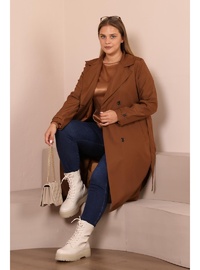 Kadın Büyük Beden Kemerli Uzun Trençkot Taba